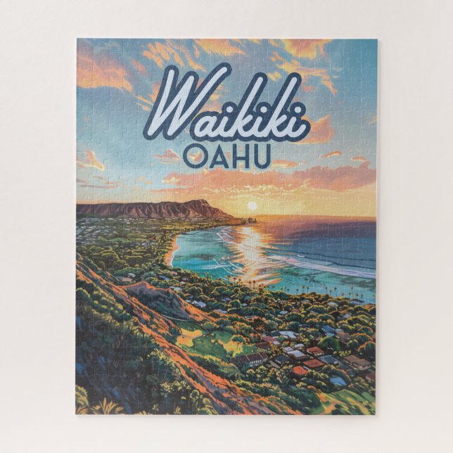 Quebra-cabeça Waikiki Beach Honolulu Oahu Hawaii Retro (Vertical)
