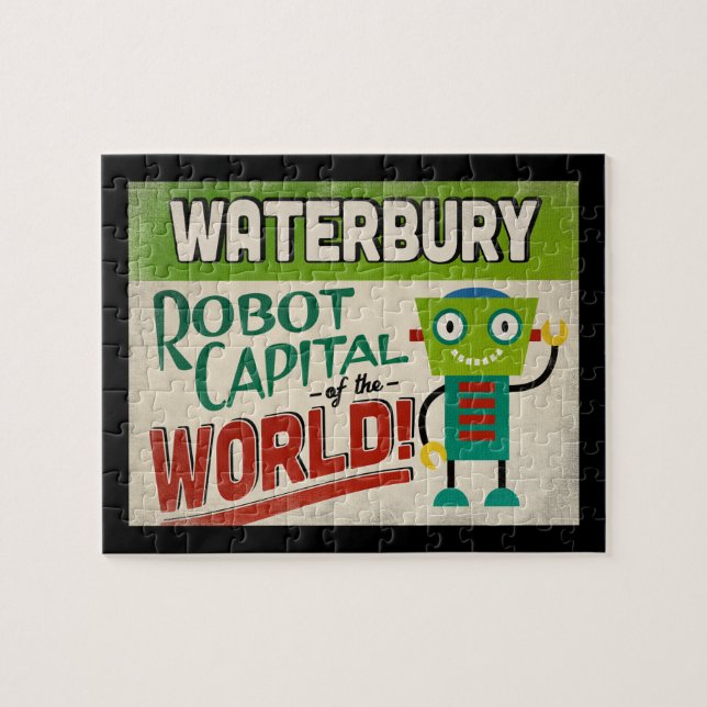 Quebra-cabeça Waterbury Connecticut Robot - Engraçado Vintage (Horizontal)