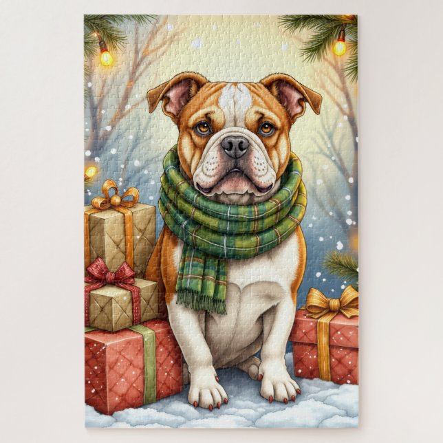 Quebra-cabeça Watercolor American Bulldog Christmas Holiday (Vertical)