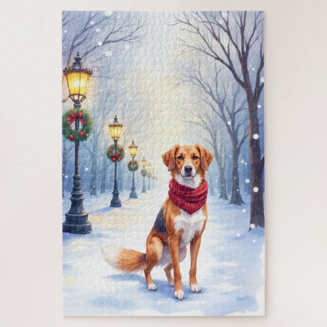 Quebra-cabeça Watercolor American Foxhound Snowy Lamppost (Vertical)