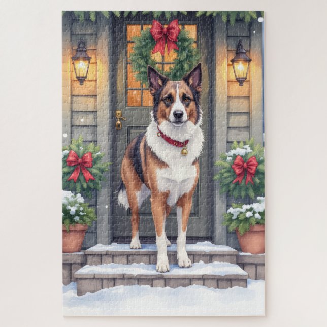 Quebra-cabeça Watercolor Beauceron Rustic Porch Christmas (Vertical)