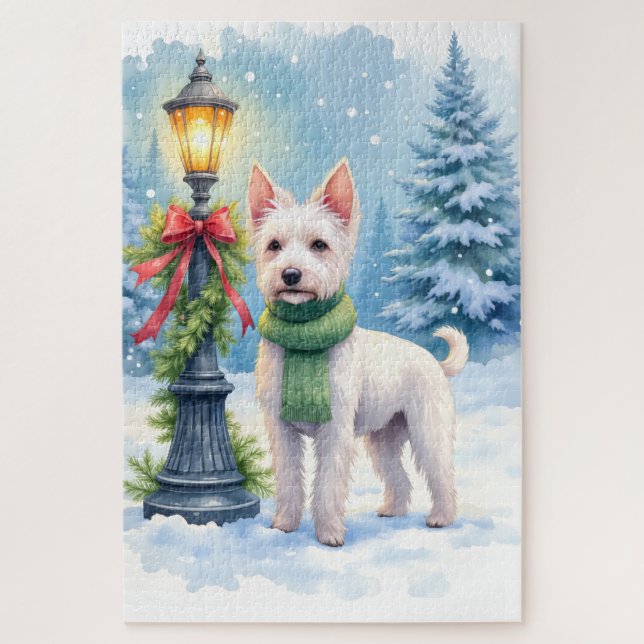 Quebra-cabeça Watercolor Bedlington Terrier Lamppost Christmas (Vertical)