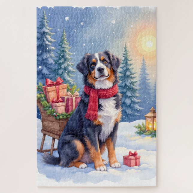 Quebra-cabeça Watercolor Bernese Mountain Dog Sleigh Christmas (Vertical)