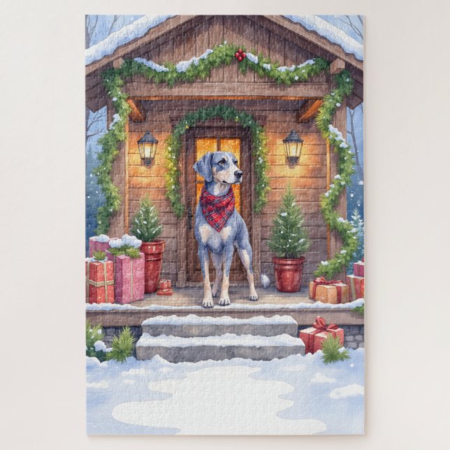 Quebra-cabeça Watercolor Bluetick Coonhound Cabin Porch Christma (Vertical)