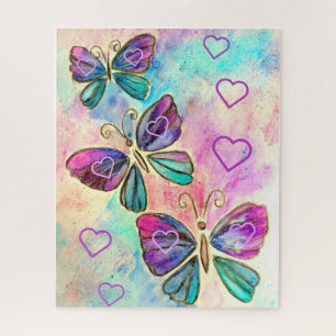 Quebra-cabeça Watercolor - Colorful Butterflies - Hearts - Sweet