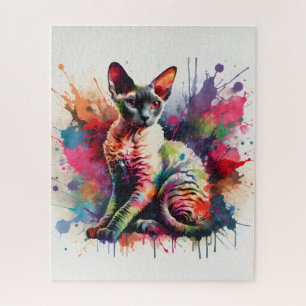 Quebra-cabeça Watercolor Cornish Rex Cat Retrato Colorido
