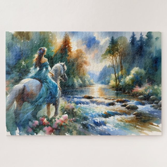 Quebra-cabeça Watercolor Forest River Horsewoman Dreamscape (Horizontal)
