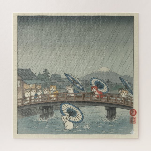 Quebra-cabeça Watercolor Japanese Kittens & Rain Shower Parody  (Vertical)