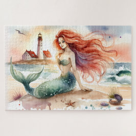 Quebra-cabeça Watercolor Mermaid by Lighthouse Shore