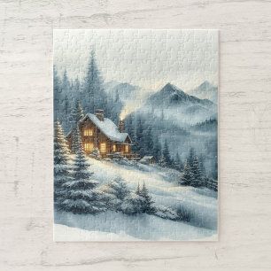 Quebra-cabeça Watercolor Mistura Montanhas Cabin Winter Landscap