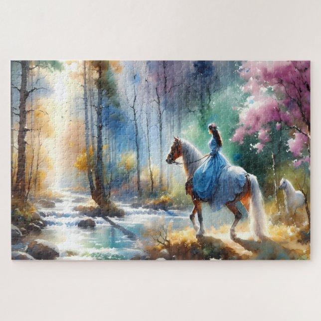 Quebra-cabeça Watercolor River Horsewoman Forest Light (Horizontal)