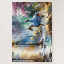 Quebra-cabeça Watercolor River Horsewoman Forest Light