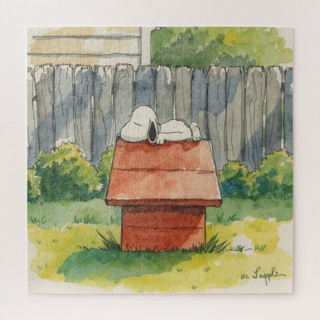 Quebra-cabeça Watercolor Sleeping Dog on Red Doghouse Art (Vertical)