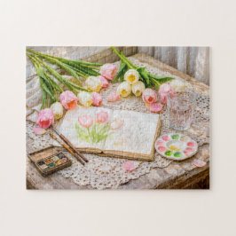 Quebra-cabeça Watercolor Tulips with Brushes and Creative Vintag