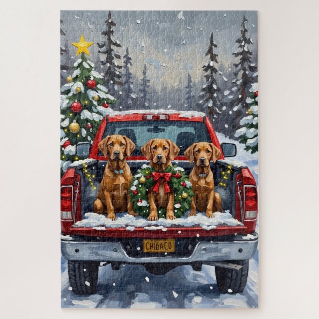 Quebra-cabeça Weimaraner Christmas Red Truck Holiday (Vertical)