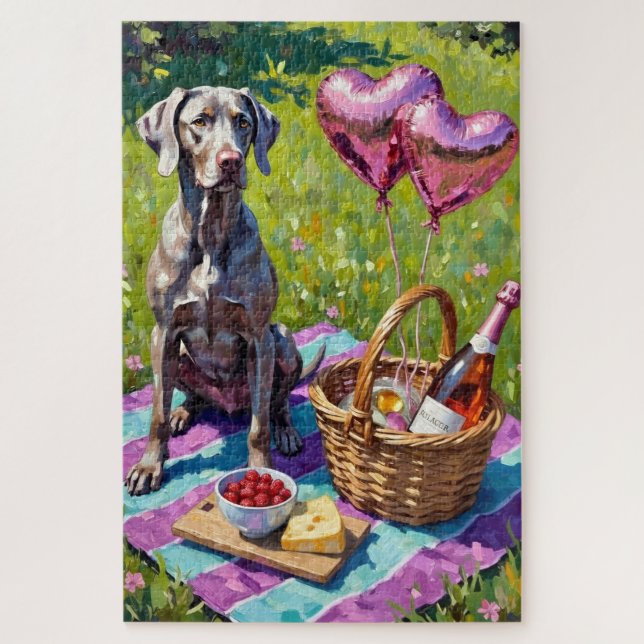 Quebra-cabeça Weimaraner Dog Valentine's Day Rosé Picnic (Vertical)