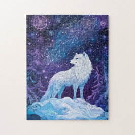 Quebra-cabeça Weißer Wolf Winter unter magischem Sternenhimmel
