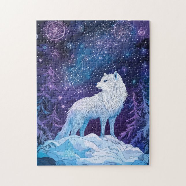 Quebra-cabeça Weißer Wolf Winter unter magischem Sternenhimmel (Vertical)