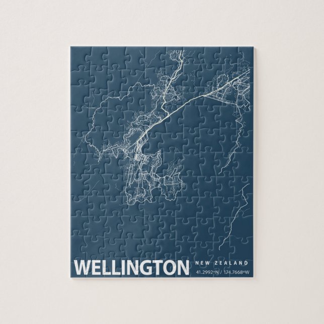 Quebra-cabeça Wellington Minimalist City Map Line Art em azul (Vertical)
