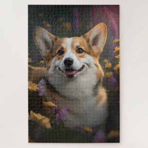 Quebra-cabeça Welsh Corgi em um Jardim Colorido