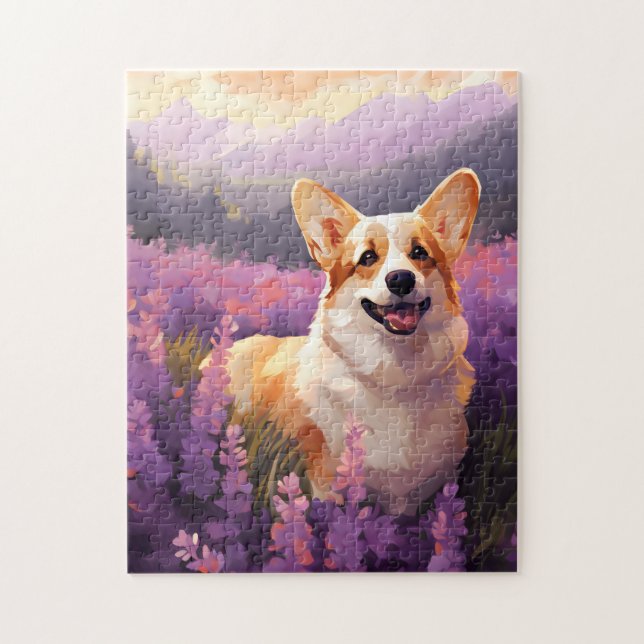 Quebra-cabeça Welsh Corgi no campo da Lavanda (Vertical)