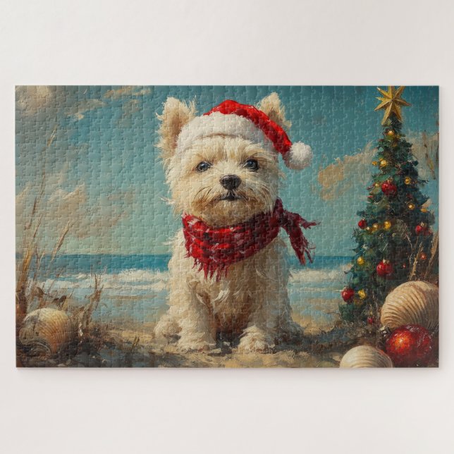 Quebra-cabeça West Highland White Terrier Dog Christmas Beach (Horizontal)