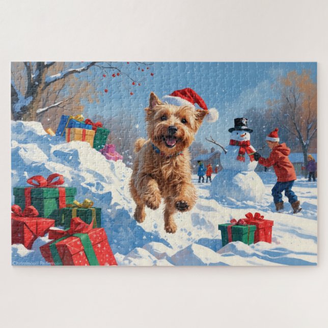Quebra-cabeça Wheaten Terrier Correndo na Neve com Chapéu de Nat (Horizontal)