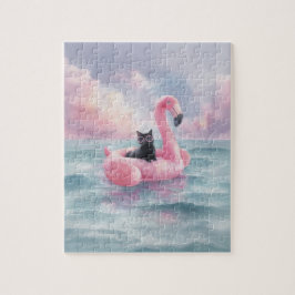 Quebra-cabeça Whimscolor Watercolor Black Cat Flamingo Float