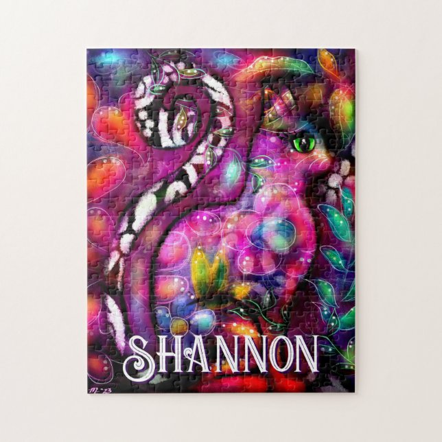 Quebra-cabeça Whimsical Abstract Kitty Cat Floral Personalized (Vertical)