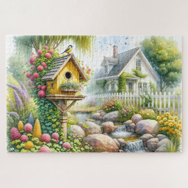 Quebra-cabeça Whimsical Cottage Garden Birdhouse Stream (Horizontal)