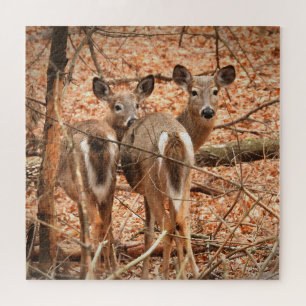 Quebra-cabeça Whitetail Doe e sua Fawn no outono Woods