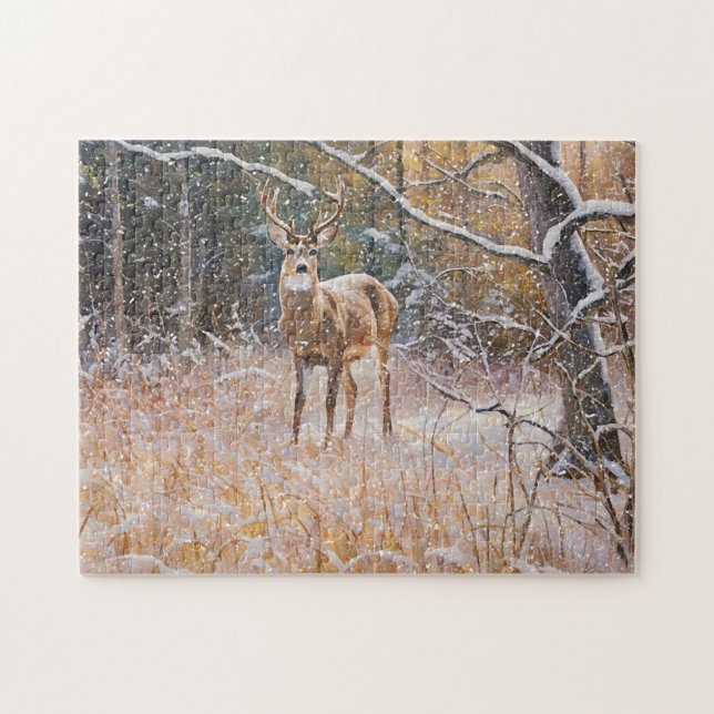 Quebra-cabeça Wild Buck Deer Big Antlers Snow Forest Art Quebra- (Horizontal)