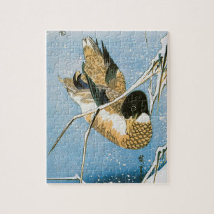 Quebra-cabeça Wild Duck Swimming Snow Laden Reeds by Hiroshige