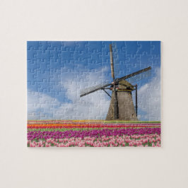 Quebra-cabeça Windmill E Colorful Tulips Amsterdam Países Baixos