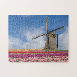 Quebra-cabeça Windmill E Colorful Tulips Amsterdam Países Baixos