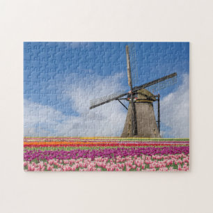 Quebra-cabeça Windmill E Colorful Tulips Amsterdam Países Baixos