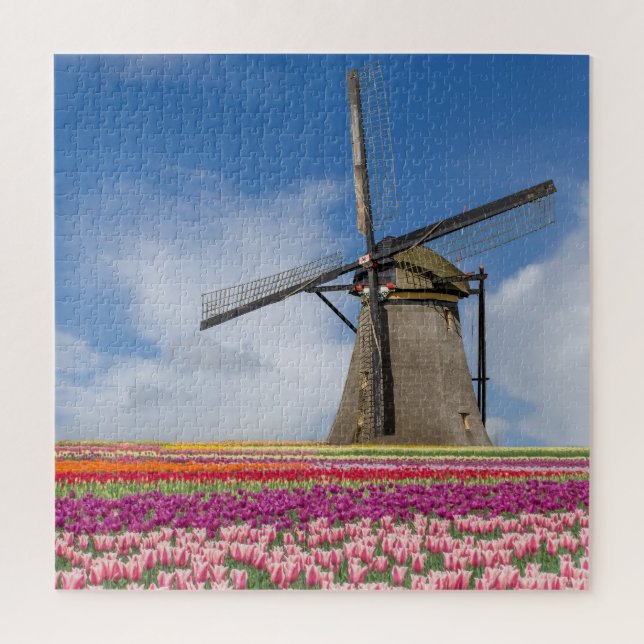 Quebra-cabeça Windmill E Colorful Tulips Amsterdam Países Baixos (Vertical)