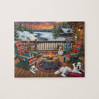 Quebra-cabeça Winter Cabin Deck Dogs Fire Pit Snow Scene