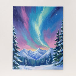 Quebra-cabeça Winter Night Northern Lights Watercolor Mountain