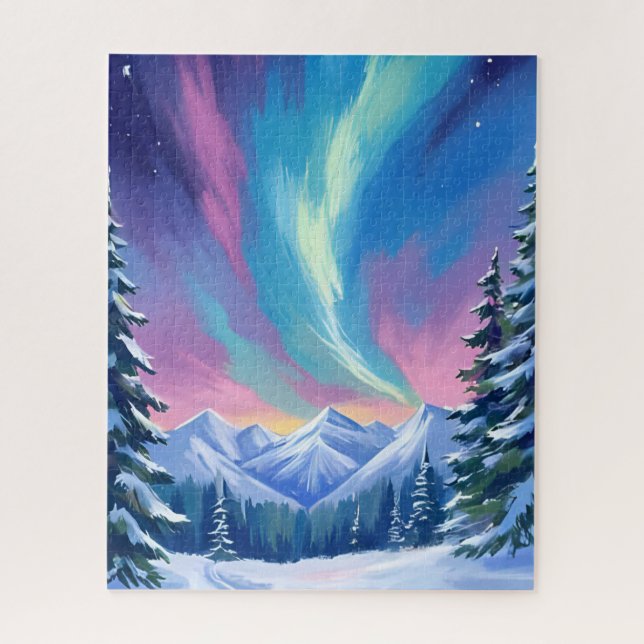 Quebra-cabeça Winter Night Northern Lights Watercolor Mountain (Vertical)