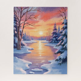 Quebra-cabeça Winter River Sunset Landscape Snow Watercolor