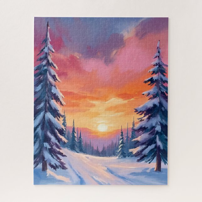 Quebra-cabeça Winter Snow Sunset | Pastel Watercolor Painting (Vertical)