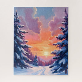 Quebra-cabeça Winter Snow Sunset | Watercolor Landscape Painting