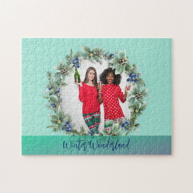 Quebra-cabeça Winter Wonderland Custom Photo Berry Wreath (Horizontal)