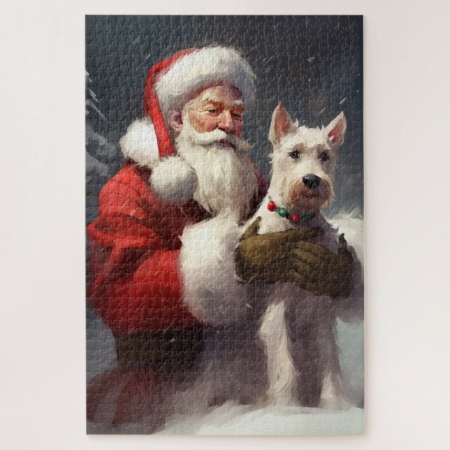 Quebra-cabeça Wire Fox Terrier Papai Noel Festivo Natal (Vertical)