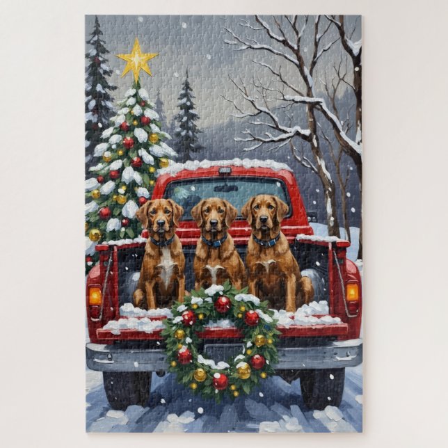 Quebra-cabeça Wirehaired Pointing Griffon Christmas Red Truck (Vertical)