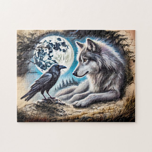 Quebra-cabeça Wolf e Raven em Rock na Lua Cheia (Horizontal)