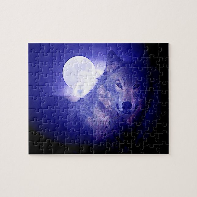 Quebra-cabeça Wolf Fullmoon e Blue Night - Arte sobre Animais Se (Horizontal)