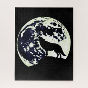 Quebra-cabeça Wolf Howling Silhuetou Contra a Lua Cheia