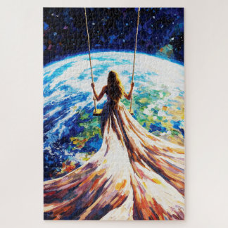 Quebra-cabeça Woman on Swing Over Earth Impasto Oil Painting